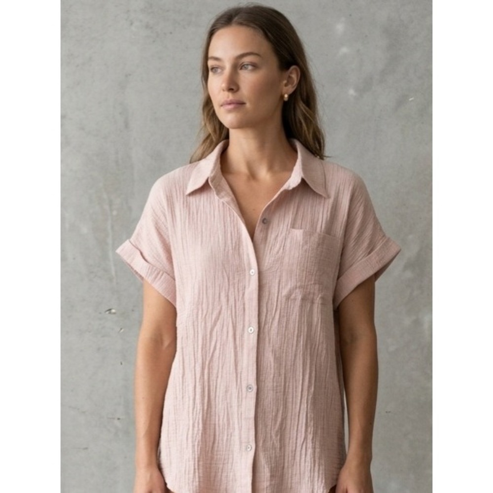 New J Gauze Short Sleeve Button Down Shirt Blush Pink Small NT12033